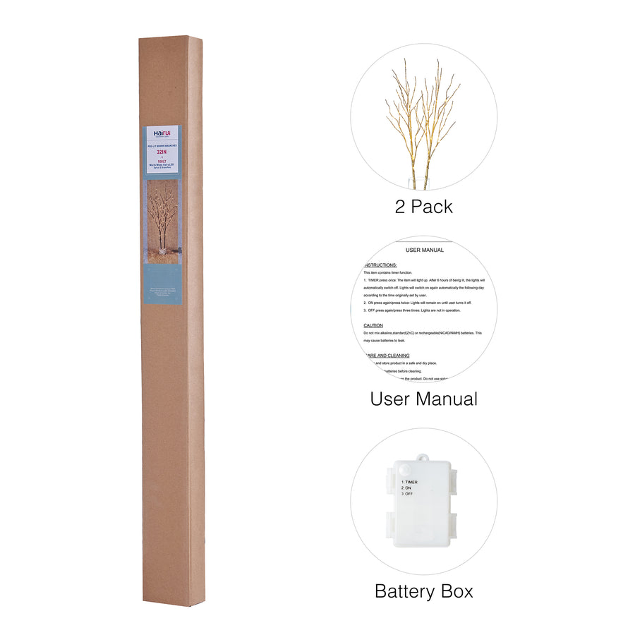 Hairui Lighted Artificial Golden Twig Tree Branch with Fairy Lights 32in 100 LED Battery Operated for Christmas (Vase Excluded) - HAIRUI
