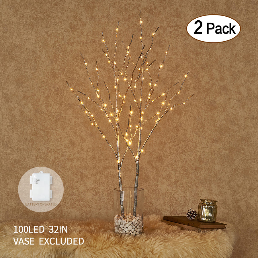 Lighted Silver Artificial Twig Branch with Fairy Lights 32in 100 LED Battery Operated - HAIRUI