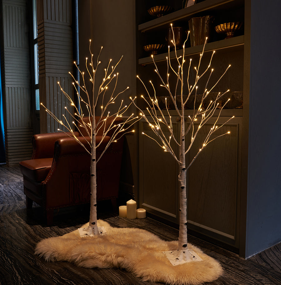 Pre Lit Birch Tree 4FT 72L White Christmas Tree with LED Lights with Partial Twinkling Feature - HAIRUI