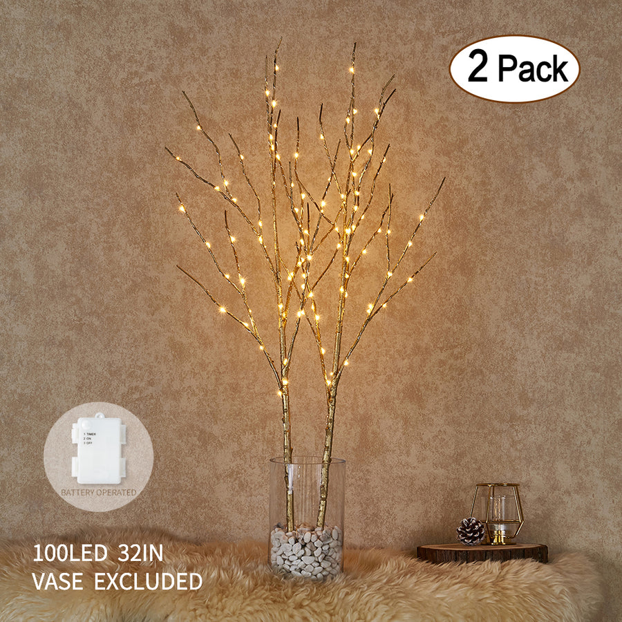 Hairui Lighted Artificial Golden Twig Tree Branch with Fairy Lights 32in 100 LED Battery Operated for Christmas (Vase Excluded) - HAIRUI