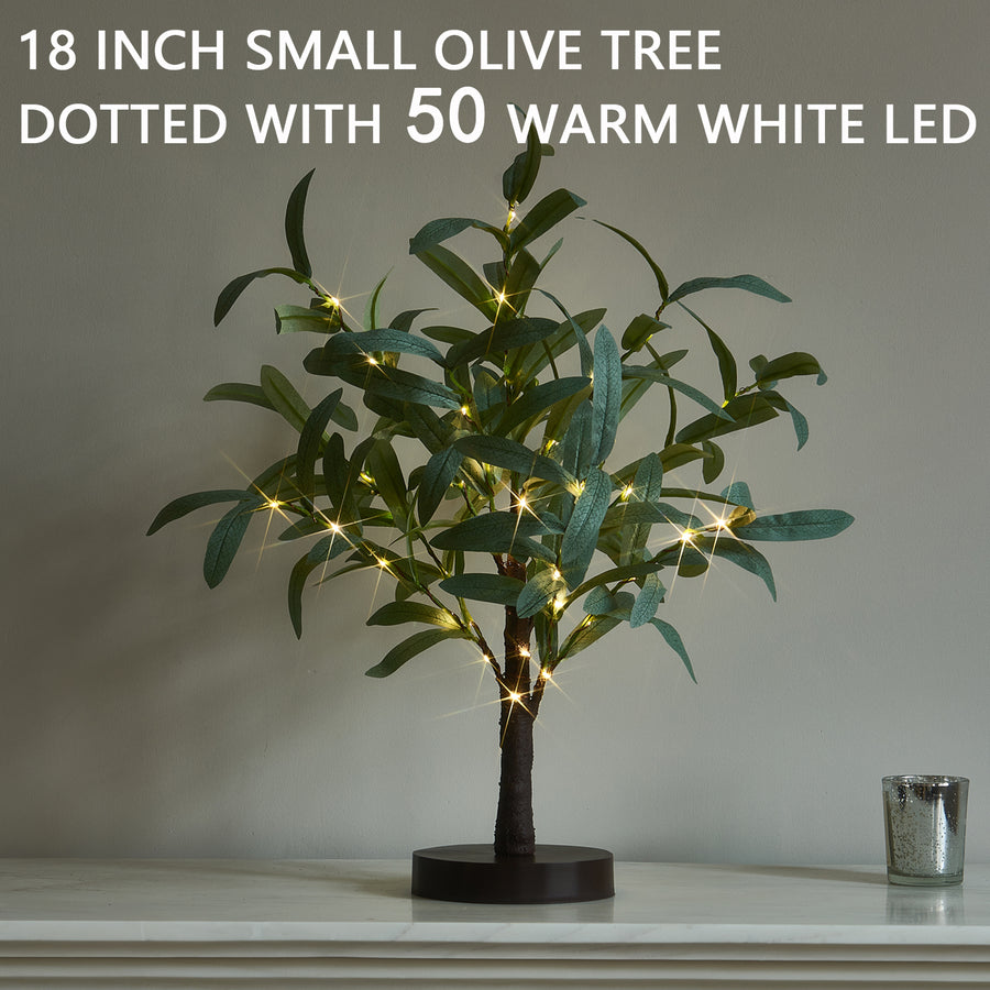 Fudios Lighted Small Tabletop Olive Tree USB Battery Operated with Timer 18in 50 Warm White LED Artificial Twig Tree Lights for Wedding Party Christmas Decoration Indoor Use - HAIRUI