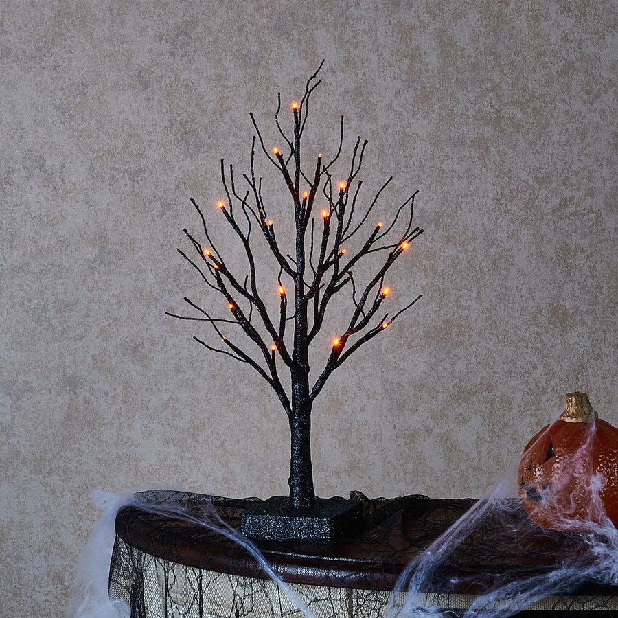 Small Glittered Spooky Tree Lights with Timer 24L 18in for Halloween Witch Decor Black Tree with Orange Light Decoration - HAIRUI