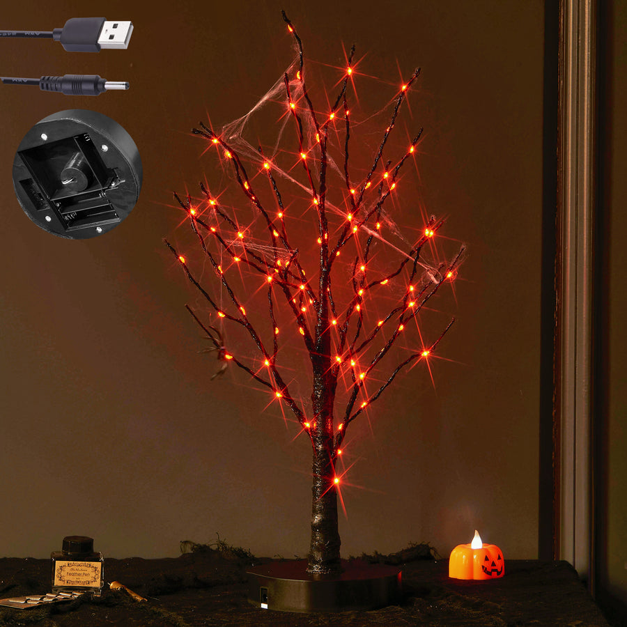 Lighted Halloween Tree with Orange Fairy Lights
