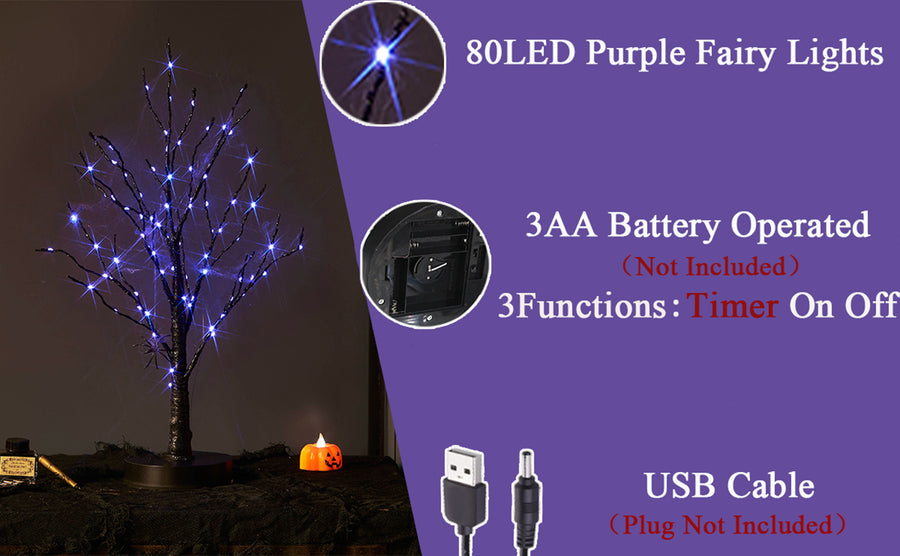 Lighted Halloween Black Tree with Purple Fairy Lights