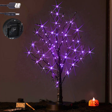 Lighted Halloween Black Tree with Purple Fairy Lights