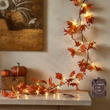 Maple Garland Lights with Timer for Fall Thanksgiving Home Decor