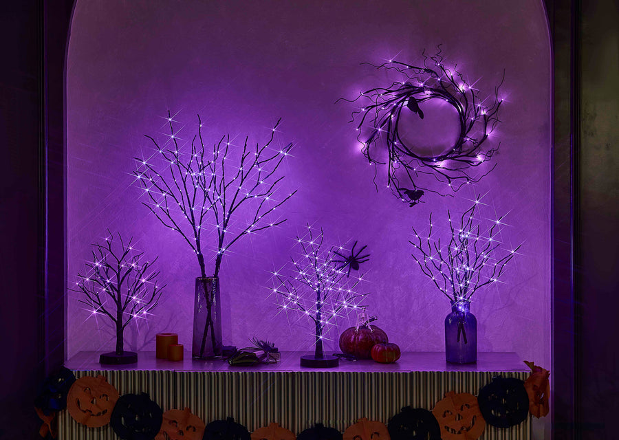 Lighted Halloween Black Tree with Purple Fairy Lights
