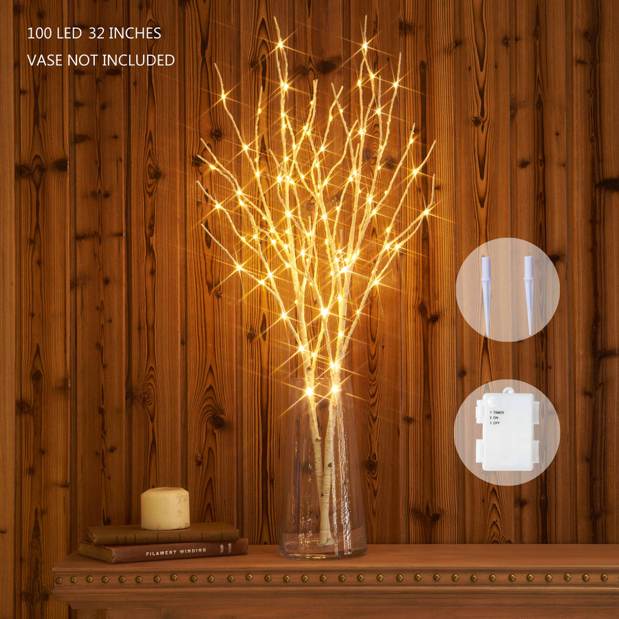 Hairui Lighted Artificial Birch Tree Branch with Fairy Lights 32IN 100 LED Battery Operated for Christmas Home Decoration (Vase Excluded) - HAIRUI