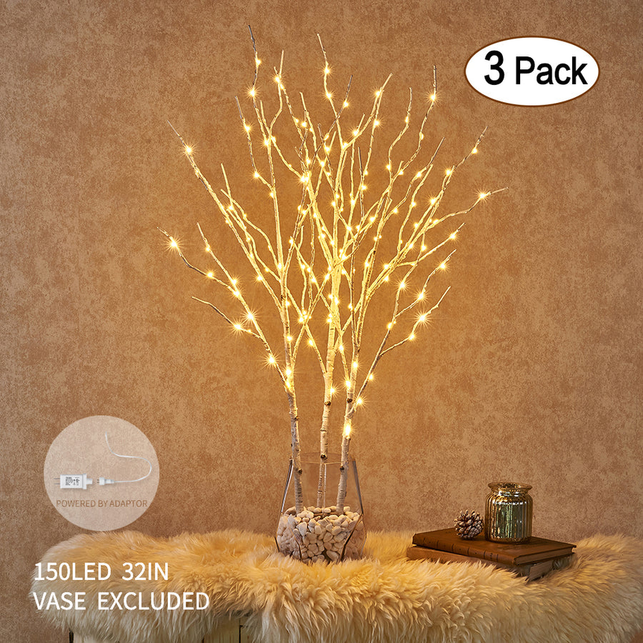Pre Lit Artificial Twig Birch Branch with Fairy Lights 32IN 150 LED Plug inIndoor Outdoor Use (Vase Excluded) - HAIRUI