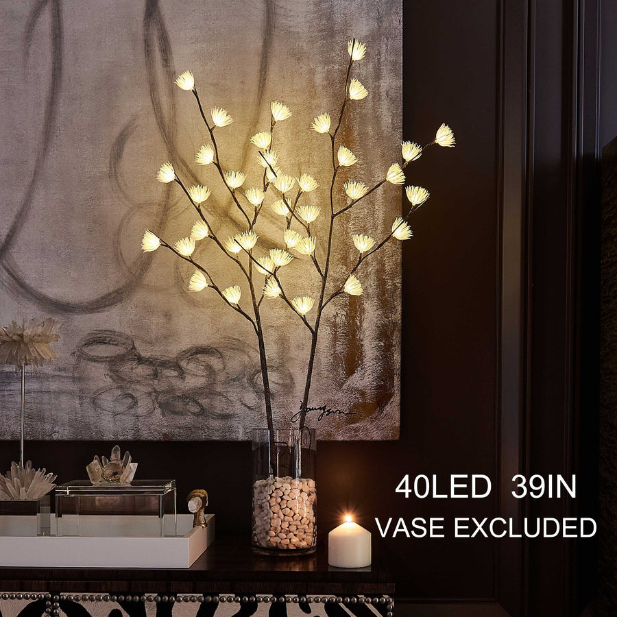 Hairui Lighted Brown Willow Twig Branch with ICY Flowers 39in 40 LED Battery Operated and Plug in (Vase Excluded) - HAIRUI