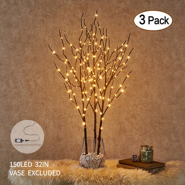 Pre Lit Artificial Brown Twig Branch with Fairy Lights 32in 150 LED Plug in Indoor Outdoor Use (Vase Excluded) - HAIRUI