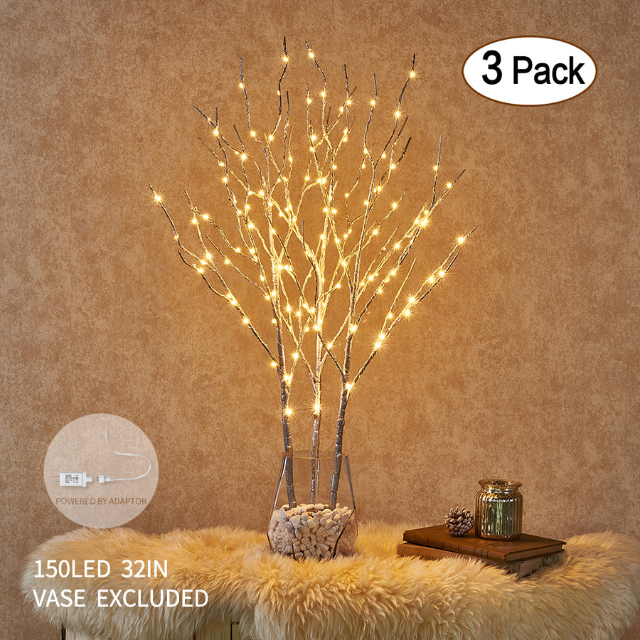 Prelit Silver Artificial Twig Branch with Lights 32in 150 LED Plug in Indoor Outdoor Use (Vase Excluded) - HAIRUI
